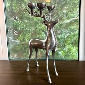 Silver Reindeer Candelabra, Aluminum Deer Candle Holder Holiday Centerpiece